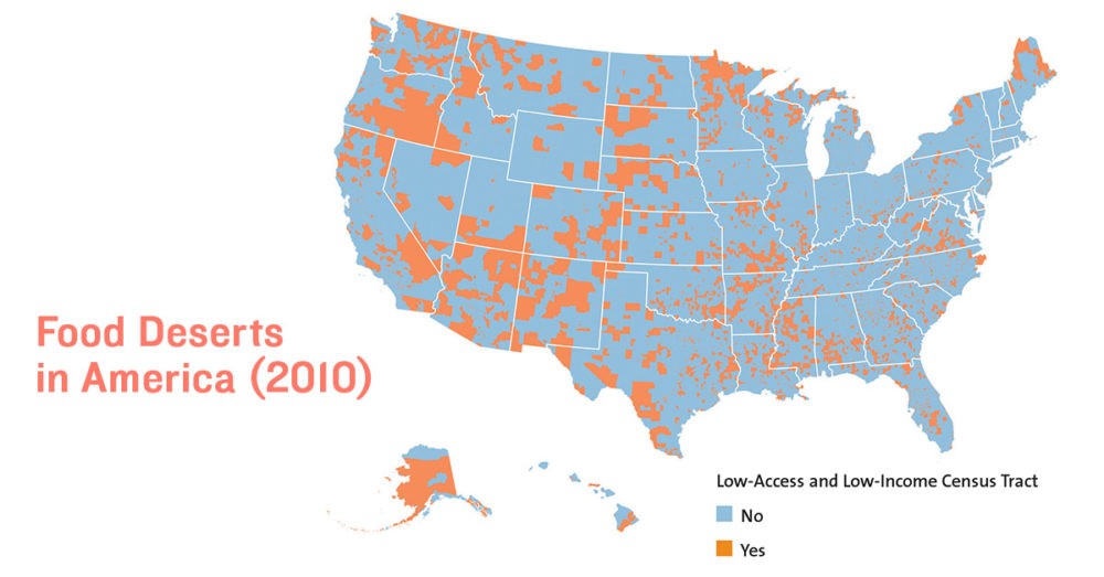 Карта «продовольственных пустынь» США в 2010